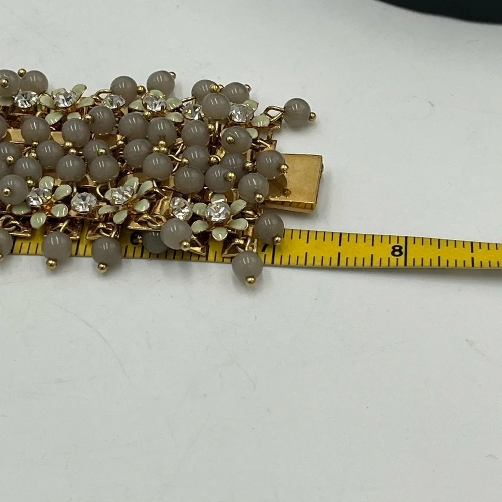 J.Crew Cluster Crystal Flowers Grey Lucite Beads Signed‎ Statement Bracelet